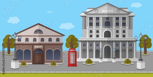 Bank and Shop on the Square of London, United Kingdom. Vector Isolated Illustration