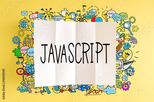 Javascript text with colorful illustrations on a yellow background photo