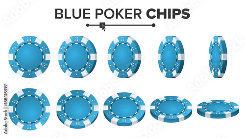 Blue Poker Chips Vector. 3D Realistic. Round Poker Game Chips Sign Isolated On White. Flip Different Angles. Big Win Concept Illustration.
