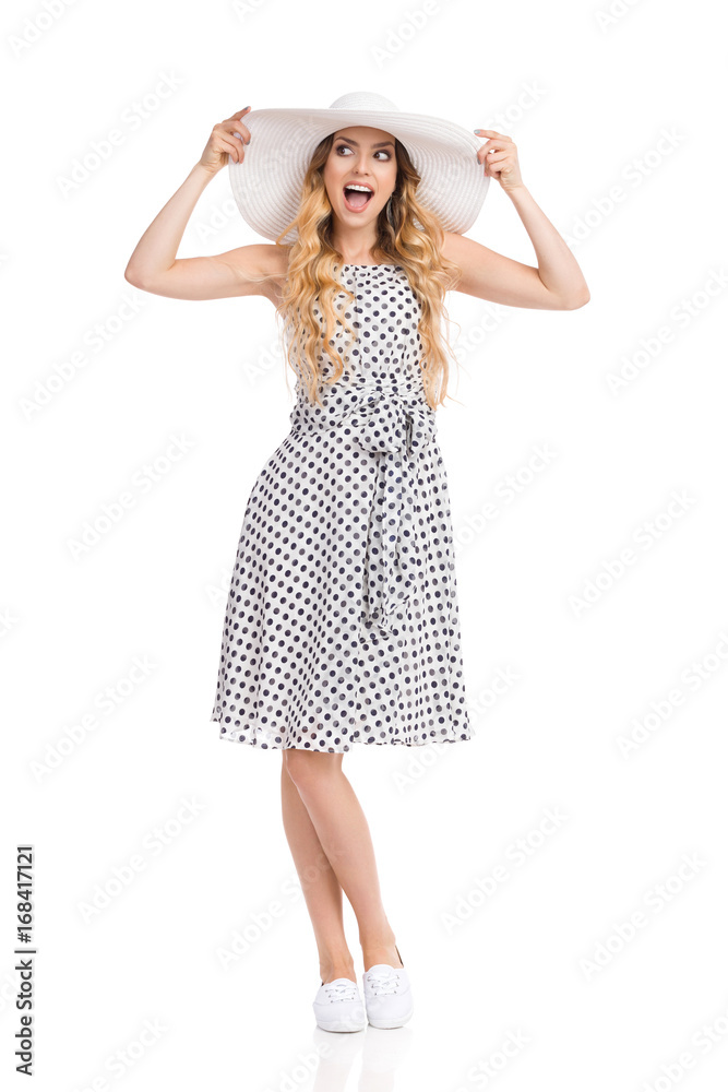 Excited Young Woman In Summer Hat Is Shouting And Looking Away Excited Young Woman In Summer Hat Is Shouting And Looking Away