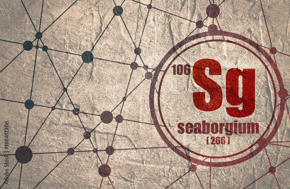 Seaborgium chemical element. Sign with atomic number and atomic weight. Chemical element of periodic table. Molecule And Communication Background. Connected lines with dots. Distress grunge texture