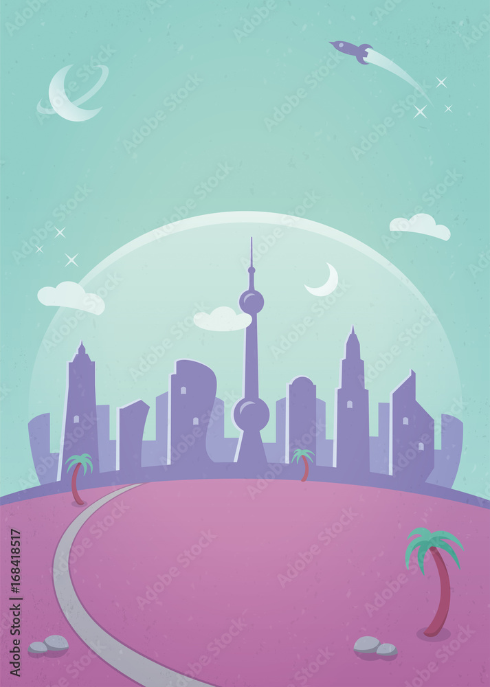 Fototapeta premium Futuristic Domed City on an Alien Planet - illustration of a retro futuristic city in the style of a classic science fiction movie poster or graphic novel cover.