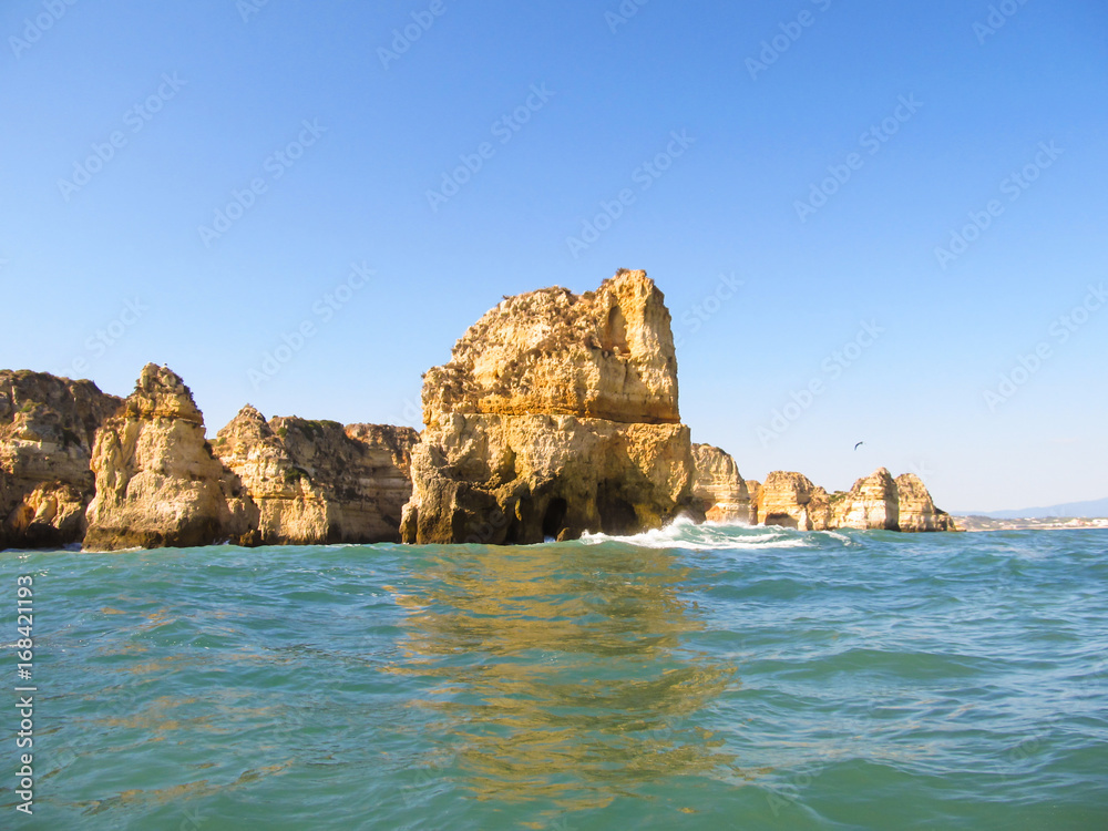 Rock formations on the beach in Lagos, Portugal