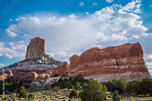 Rocks-monuments against the blue sky. Deserted Arizona, USA