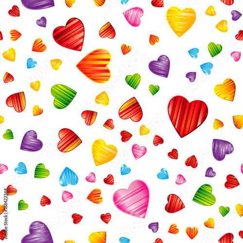 Colorful striped hearts pattern. Valentine's day, wedding, romantic seamless background, vector design illustration.