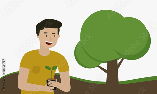 Man planting a tree for save the world, Global warming concept.