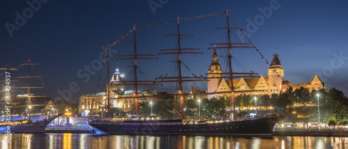 Big sailing ships at night at haken terraces in Szczecin, Tall ship races 2017 © Mike Mareen