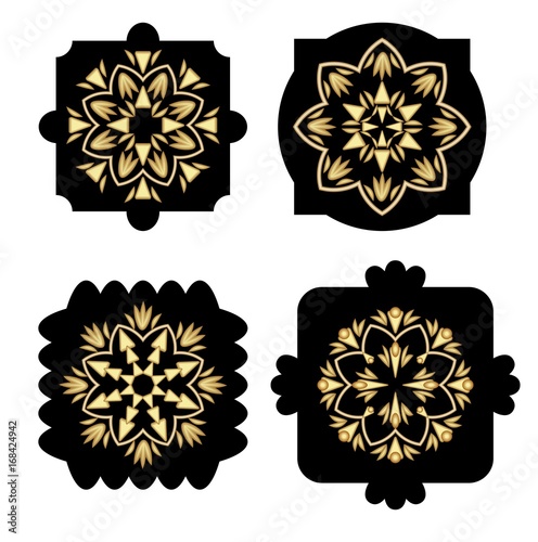 Black shapes with golden antiquarian geometric pattern in art deco style, decoration elements, design template, luxury emblem for product, 3d illusion