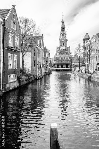 Black and white Alkmaar cityscape, the Netherlands