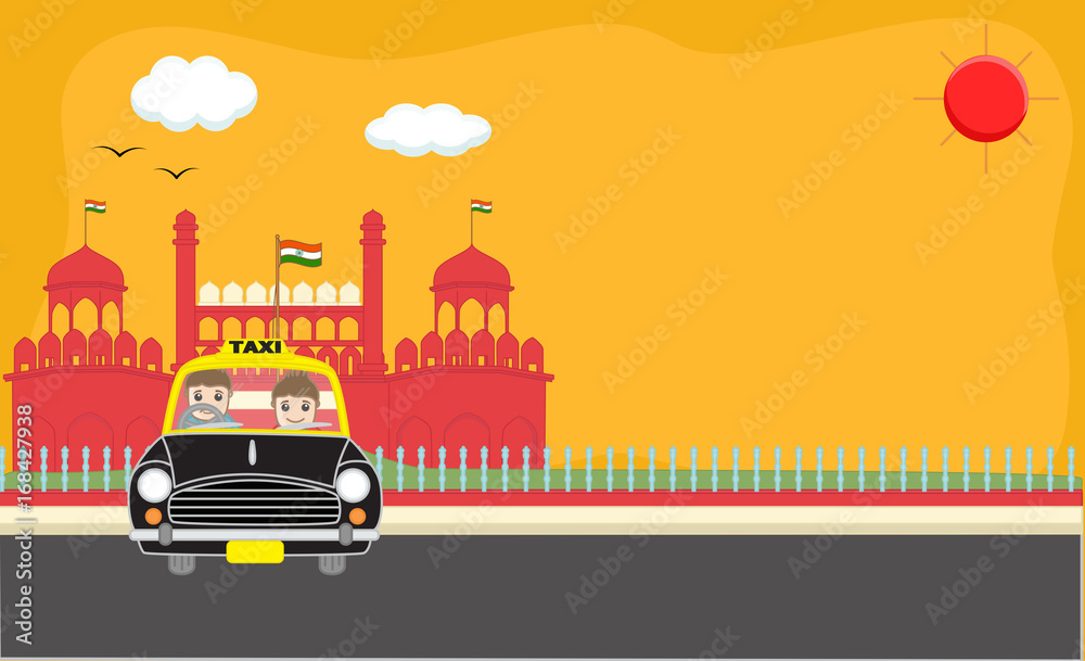 Cartoon Boys in Taxi in front of Red Fort