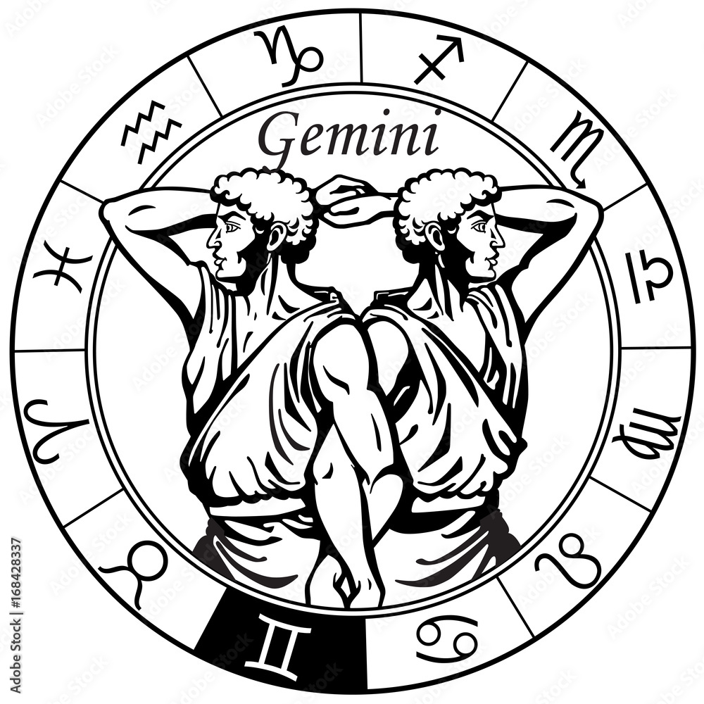 gemini astrological horoscope sign in the zodiac wheel. Black and white ...