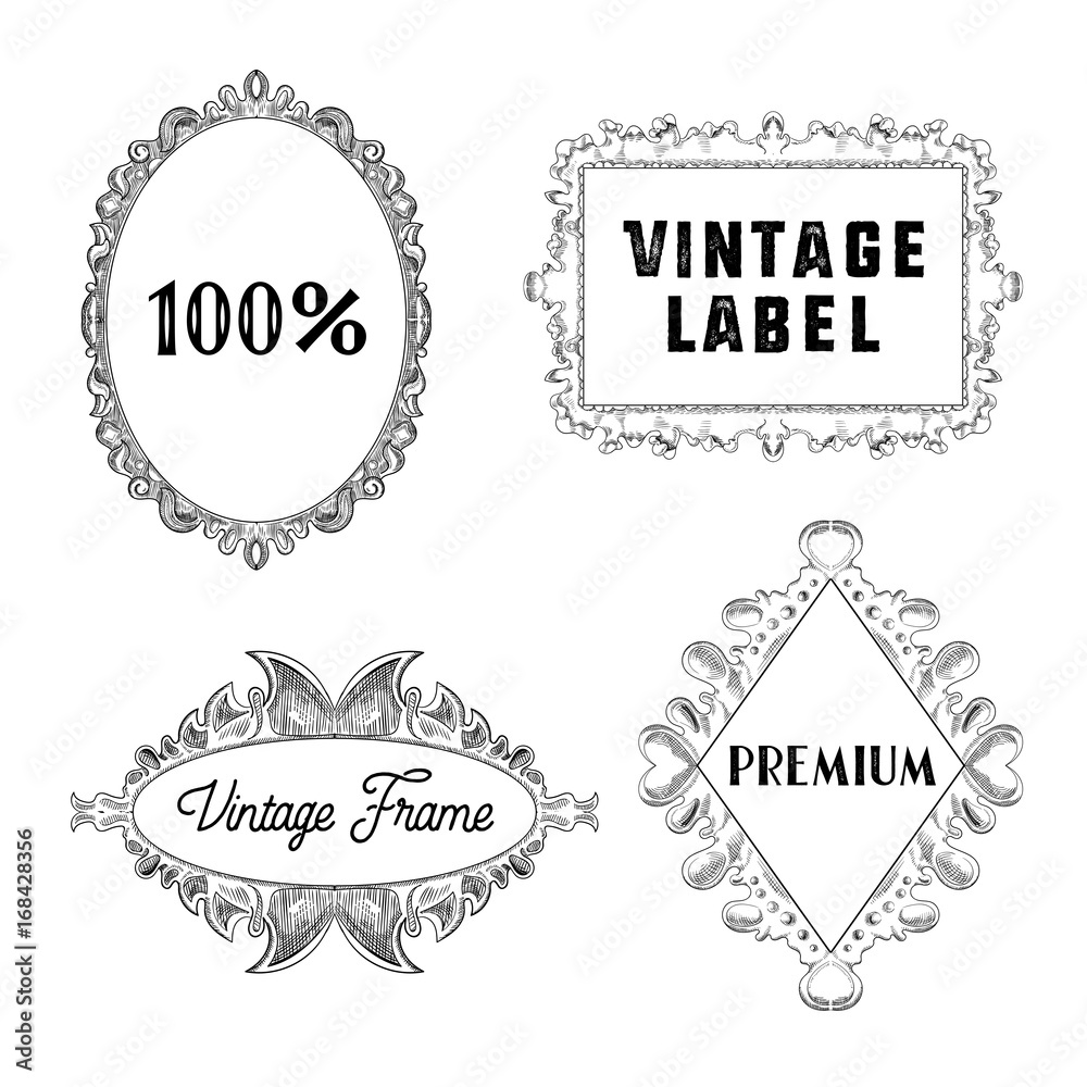 Fototapeta premium Vintage Label Frames Hand Drawn Set. Retro Decorative Design Elements. Vector illustration