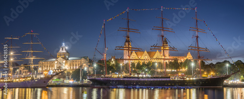 Big sailing ships at night at haken terraces in Szczecin, Tall ship races 2017