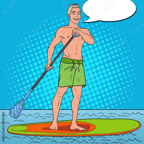 Pop Art Man Paddling on Stand Up Paddle Board. SUP Watersport on the Sea. Vector illustration