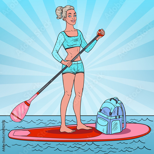 Pop Art Woman on the Stand Up Paddle Board. Girl in Swimsuit on SUP. Vector illustration