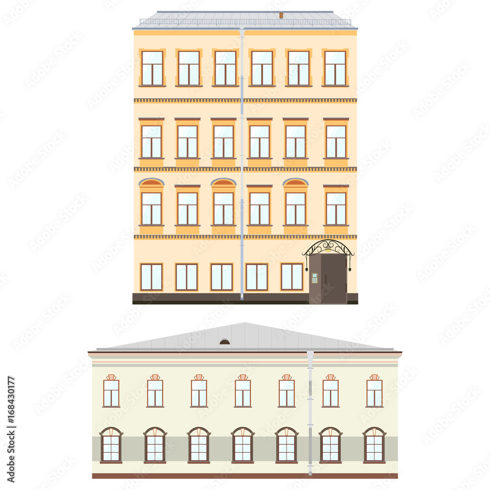 Set of historical building facades highly detailed, real, colored, isolated on white background