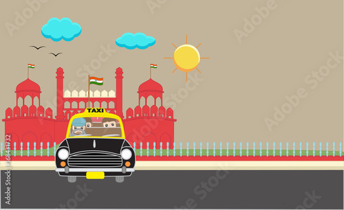 Cartoon Characters in Taxi Standing in front of Red Fort
