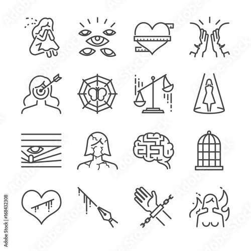 Victim and harassment line icon set. Included the icons as woman, victim, suffer, sad, target, imprison and more.