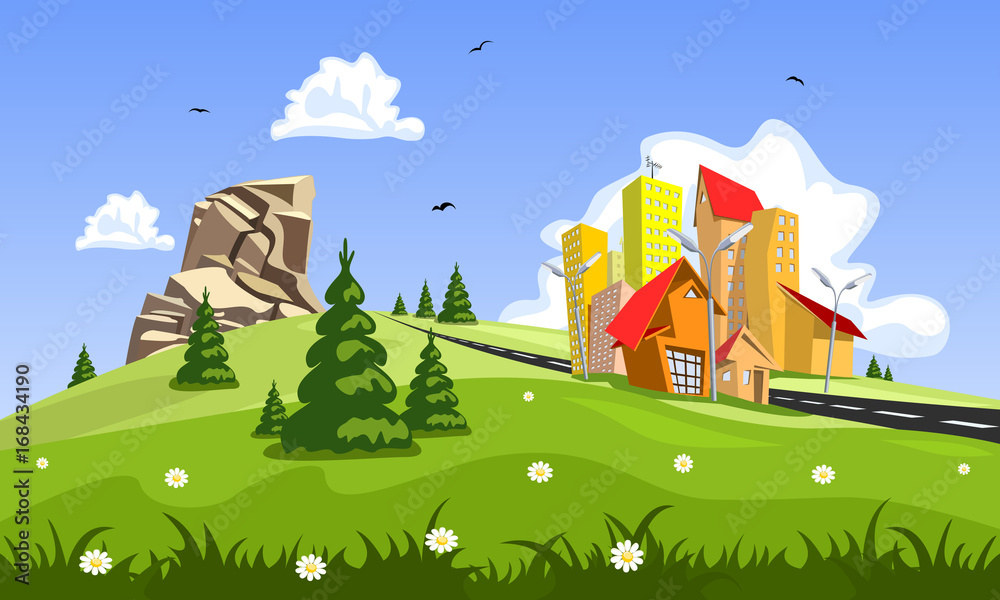 Cartoon vector city. Green landscape with trees, clouds, rock and flowers. Vector background