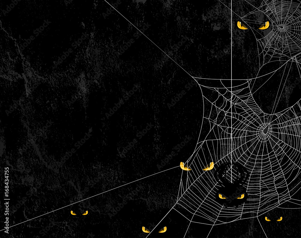 Fototapeta premium Sylwetka pajęczyny na czarnej odrapanej ścianie i złych żółtych oczach - straszne tło halloween motyw z miejscem na tekst