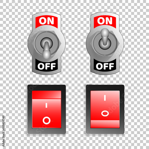 Electric switch buttons, on off position, 3d realistic vector object