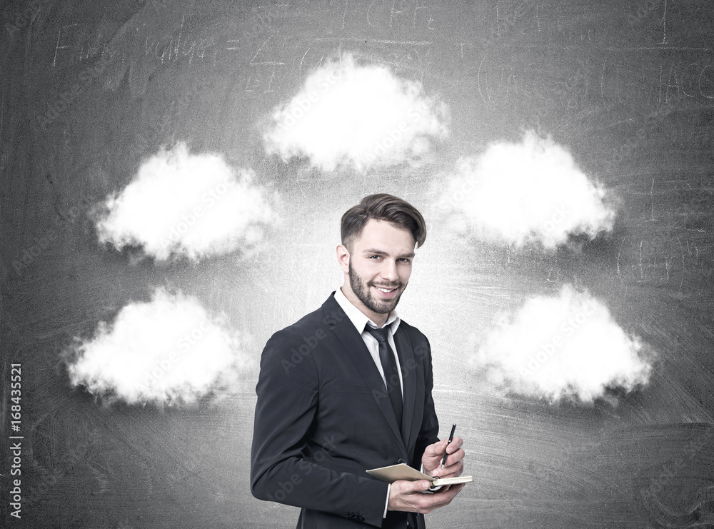 Cheerful businessman with a planner, thought clouds Cheerful businessman with a planner, thought clouds