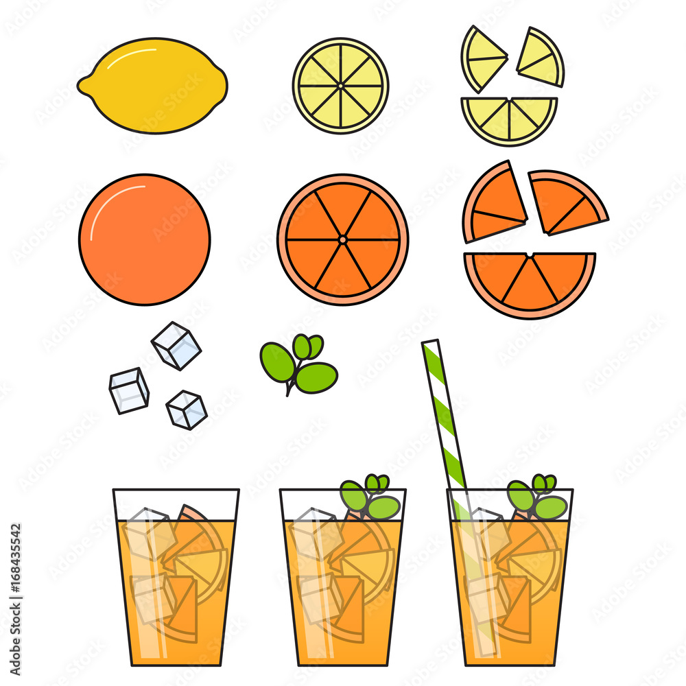 Orange lemonade with citrus slices, ice and meant in glass with straw, cut lemon and orange. Isolated on white background.