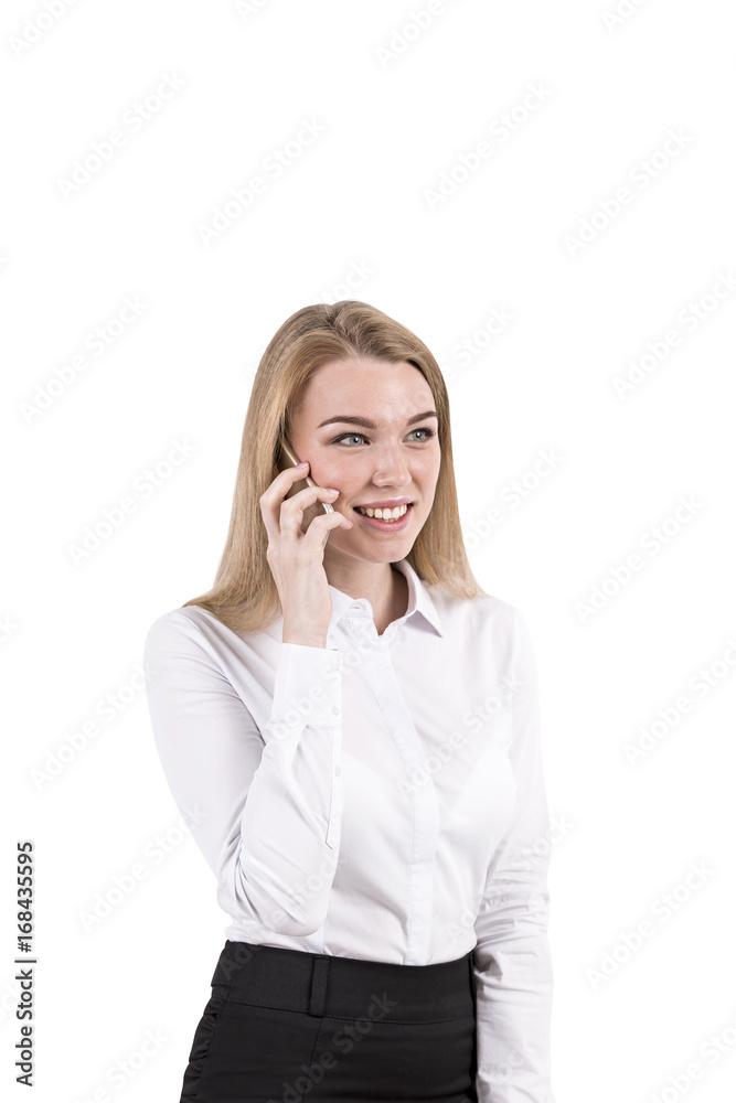 Isolated portrait of blonde businesswoman on phone Isolated portrait of blonde businesswoman on phone