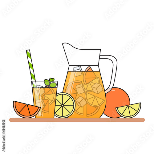 Orange lemonade with citrus slices, ice and meant in jug and glass with straw, cut lemon and orange. Isolated on white background.