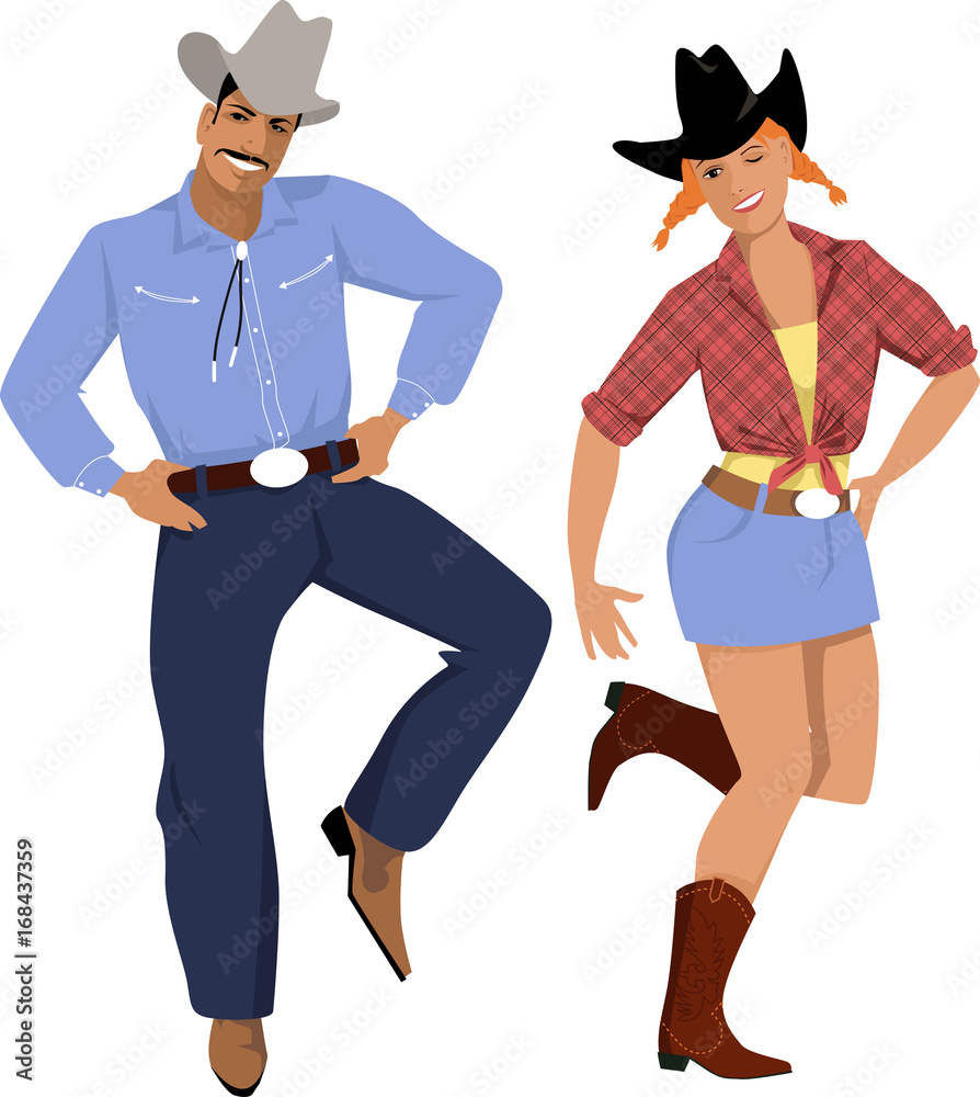 Couple dressed in traditional country western clothes dancing line
