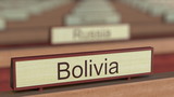 Bolivia name sign among different countries plaques at international organization. 3D rendering