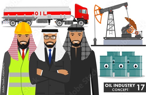 Oil industry concept. Detailed illustration of gasoline truck, oil pump, barrels and arab muslim businessman in flat style on white background. Vector illustration.