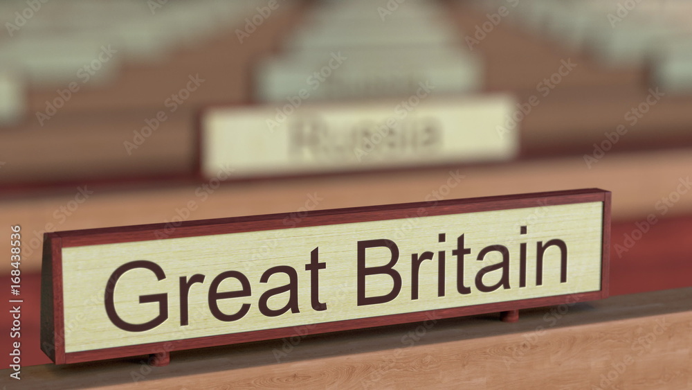 Great Britain name sign among different countries plaques at international organization. 3D rendering Great Britain name sign among different countries plaques at international organization. 3D rendering