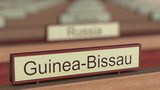 Guinea-Bissau name sign among different countries plaques at international organization. 3D rendering