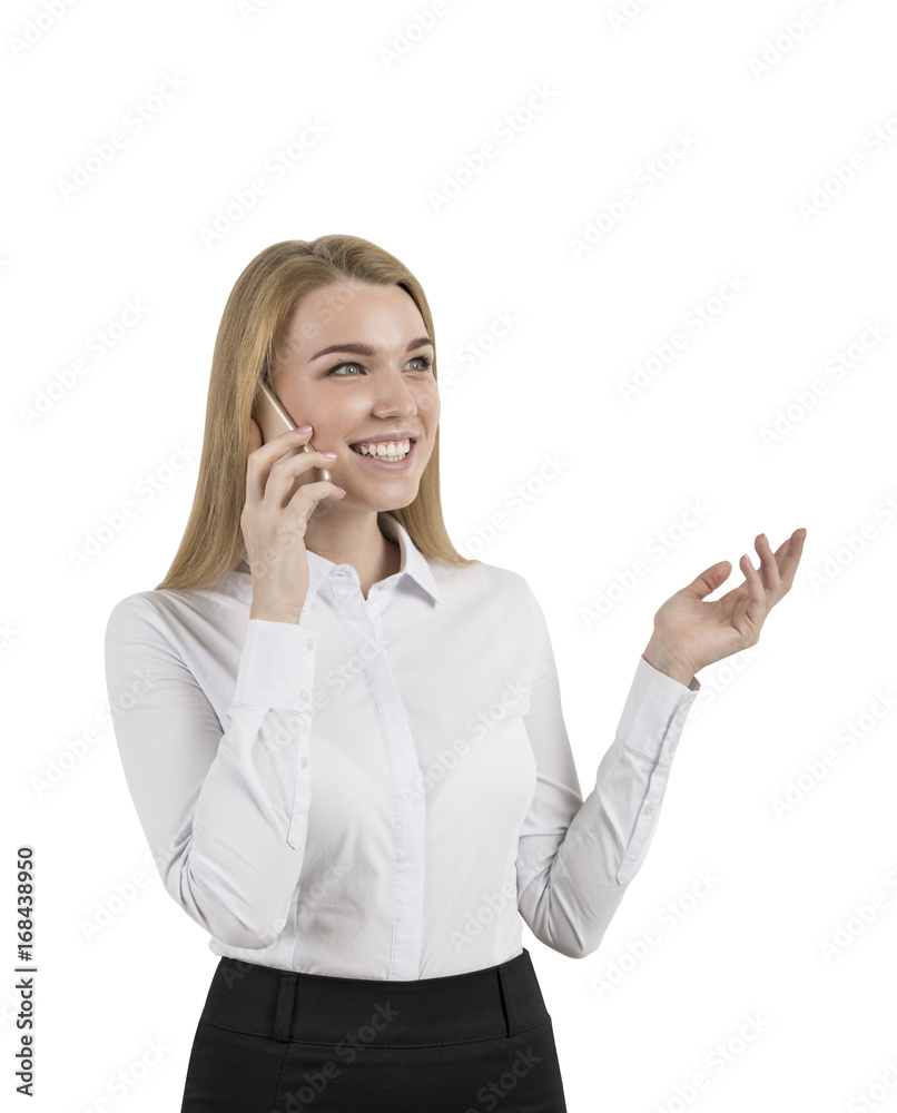 Cheerful blonde businesswoman on phone, isolated Cheerful blonde businesswoman on phone, isolated