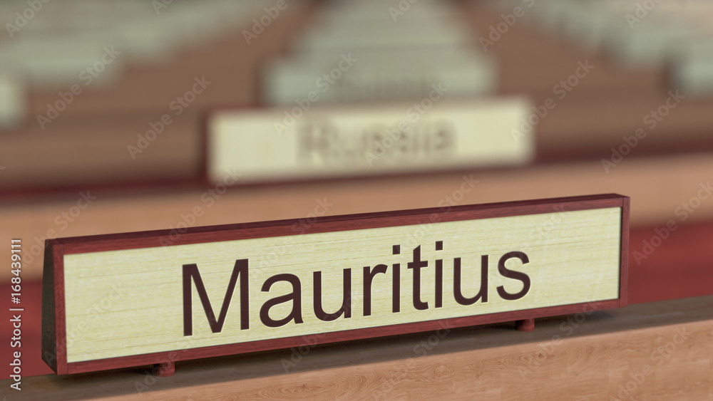 Mauritius name sign among different countries plaques at international organization. 3D rendering Mauritius name sign among different countries plaques at international organization. 3D rendering