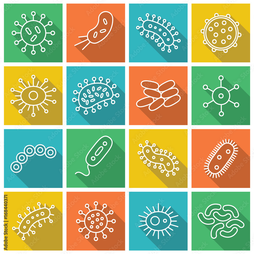 Germs and Bacteria square Icon Set - vector illustration - orange, green, blue and yellow
