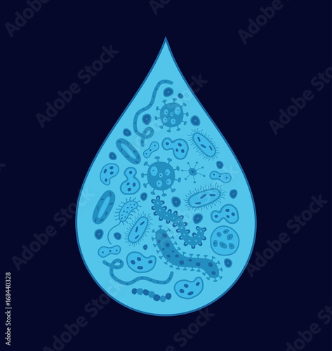 Blue germs in a drop of dirty water - dark blue background - vector illustration
