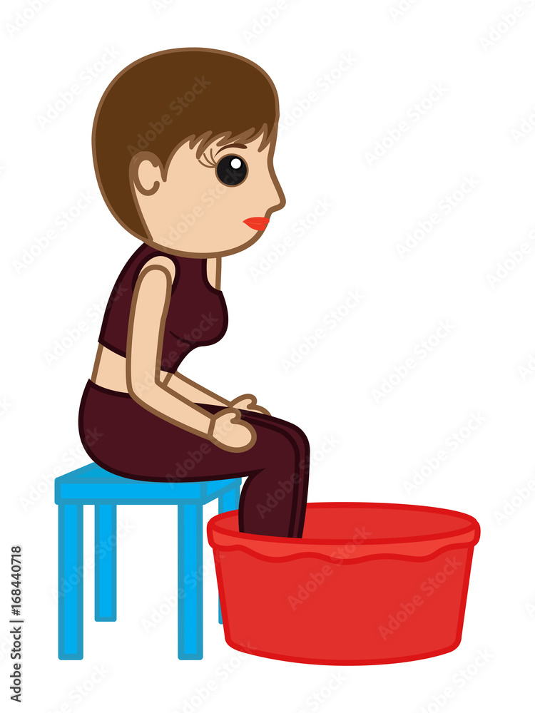 Cartoon Lady Putting Legs in warm Water Bucket Stock Vector | Adobe Stock