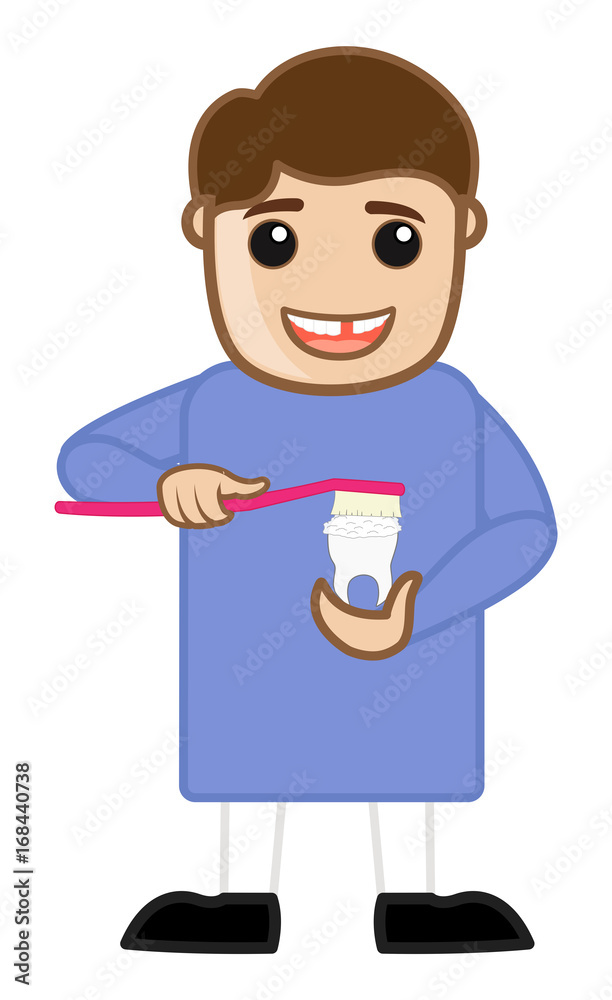 Funny Cartoon Man Cleaning Teeth Vector Illustration