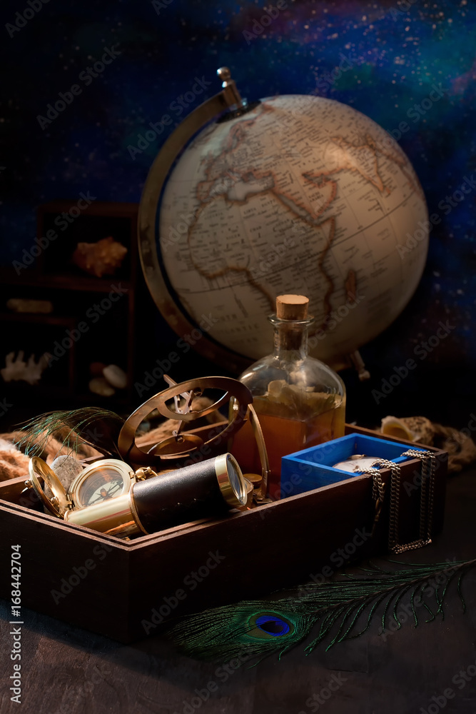 Adventure concept with retro traveling and sailing accessories Adventure concept with retro traveling and sailing accessories