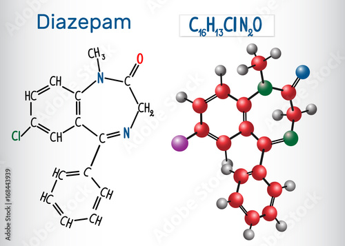 Diazepam molecule - structural chemical formula and model