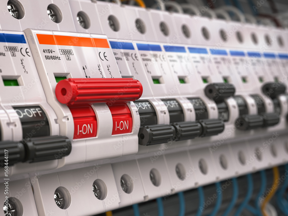 Switches in fusebox. Many black circuit brakers in a row in position OFF and one red switch in position ON. Switches in fusebox. Many black circuit brakers in a row in position OFF and one red switch in position ON.
