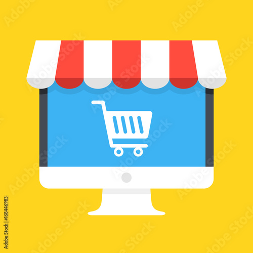 Computer with white shopping cart icon on screen and storefront awning. Ecommerce, online shopping, e-commerce, internet marketplace concepts. Modern flat design. Vector illustration photo