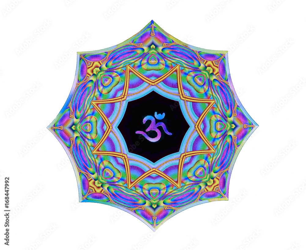 Colorful textured Om/Aum sanskrit symbol, isolated. Decorative pattern in oriental style with the ancient Hindu mantra OM.