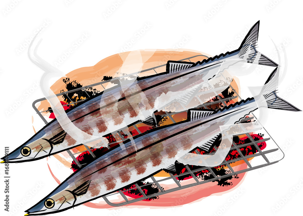 秋の味覚のイメージ 七輪で焼いてるサンマのイラスト Illustration Of Mackerel Pike Stock ベクター Adobe Stock