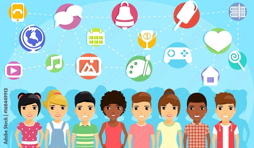 A group of children. Character. The icons set. Different ethnic group. School, entertainment, communication, development. Cartoon. In flat style on blue background. A group of children. Character. The icons set. Different ethnic group. School, entertainment, communication, development. Cartoon. In flat style on blue background.
