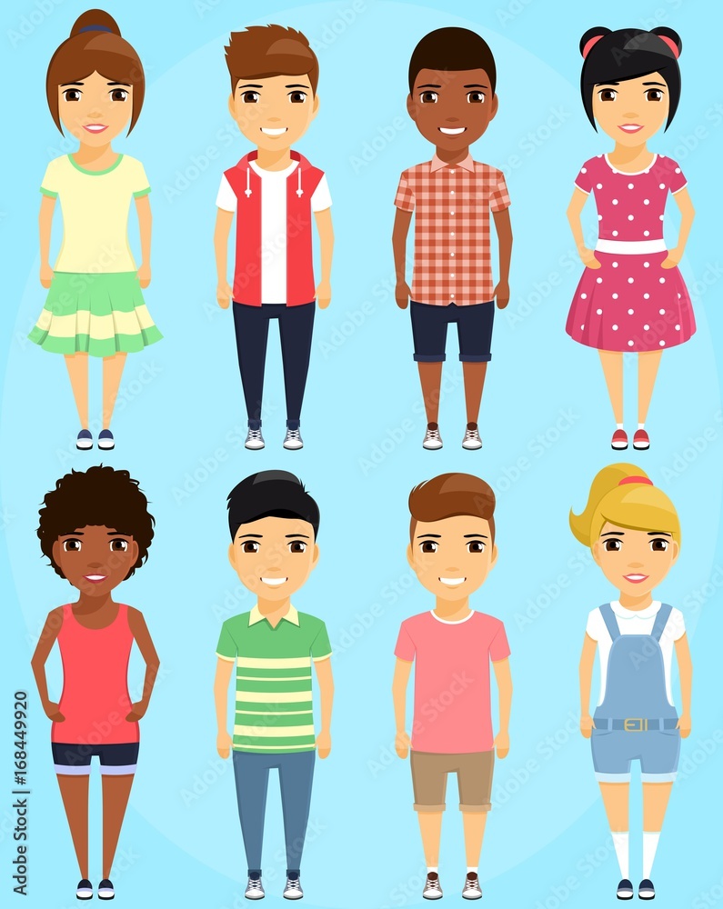 A set of children in different clothing and with different hairstyles. A  set of eight. A cartoon in flat style on blue background. Stock Vector |  Adobe Stock