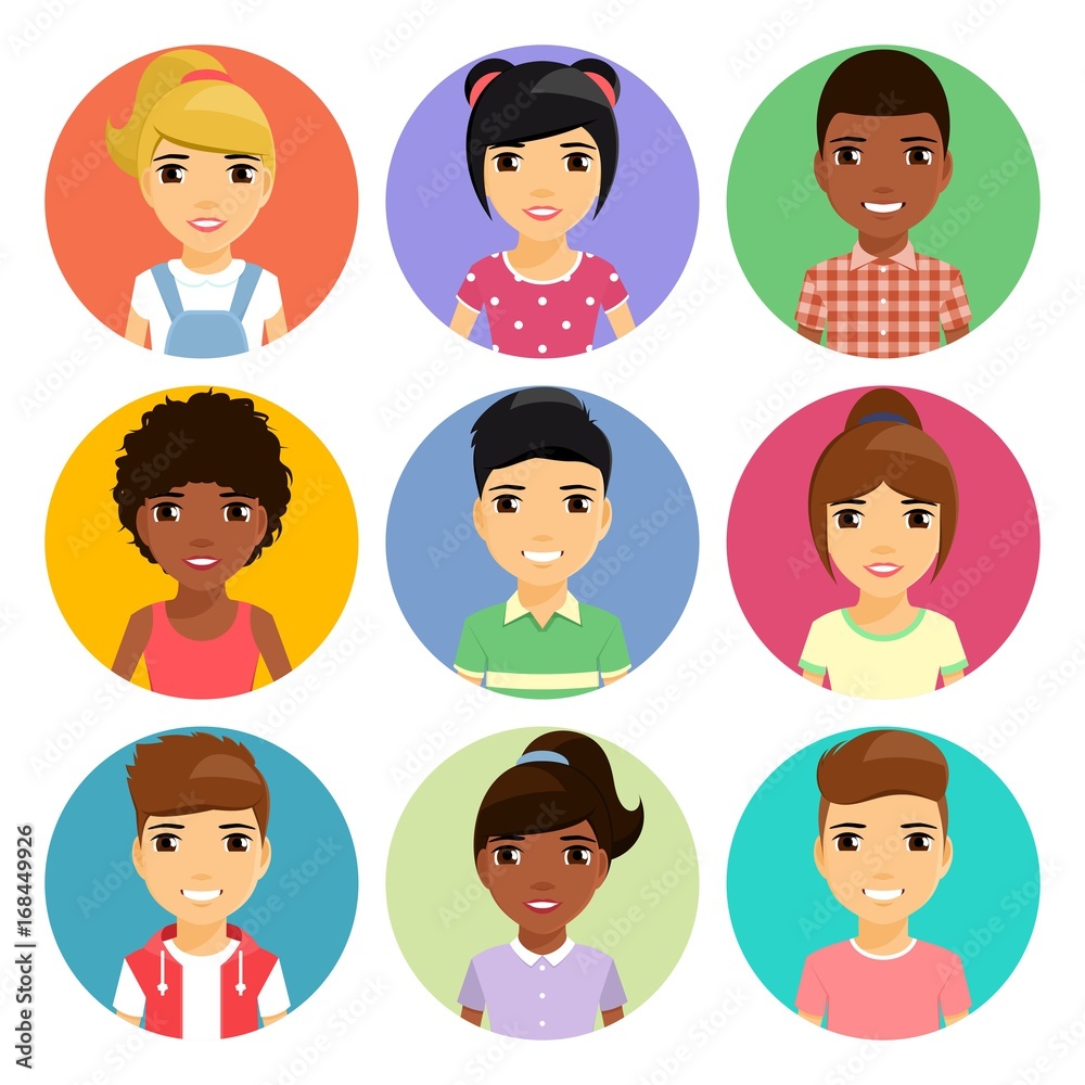 A set of portraits of children. Children with different hairstyles.  Different ethnicity. Cartoon. In flat style. Stock Vector | Adobe Stock