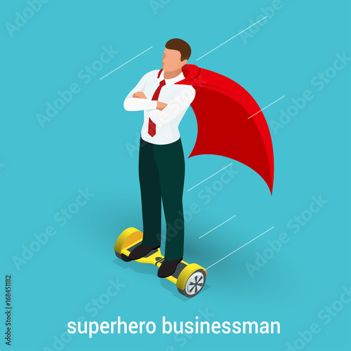 Isometric Superhero concept. Handsome Businessman in a suit superhero riding to work on Self balancing electric scooter. Vector illustration in flat style.